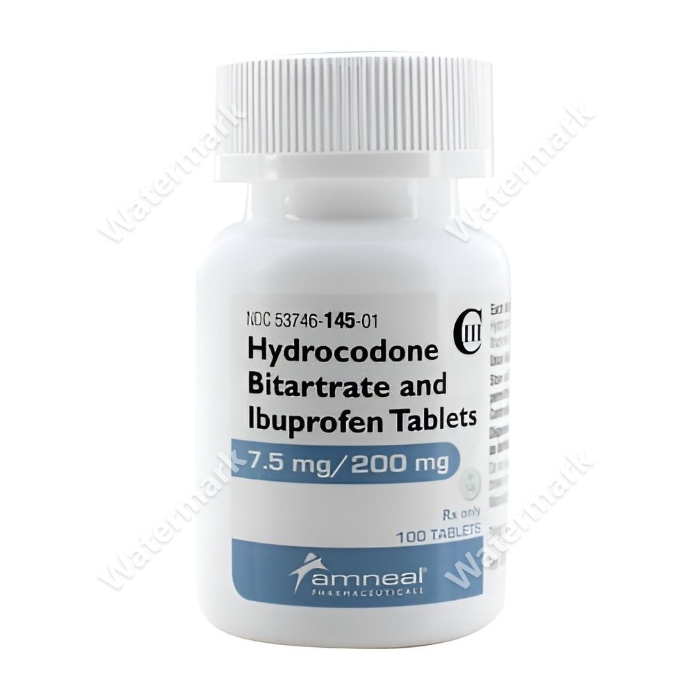 Упаковка Hydrocodone Bitartrate and Ibuprofen от Amneal Pharmaceuticals. Комбинированный препарат: 7.5 мг гидрокодона и 200 мг ибупрофена, 100 таблеток в банке.