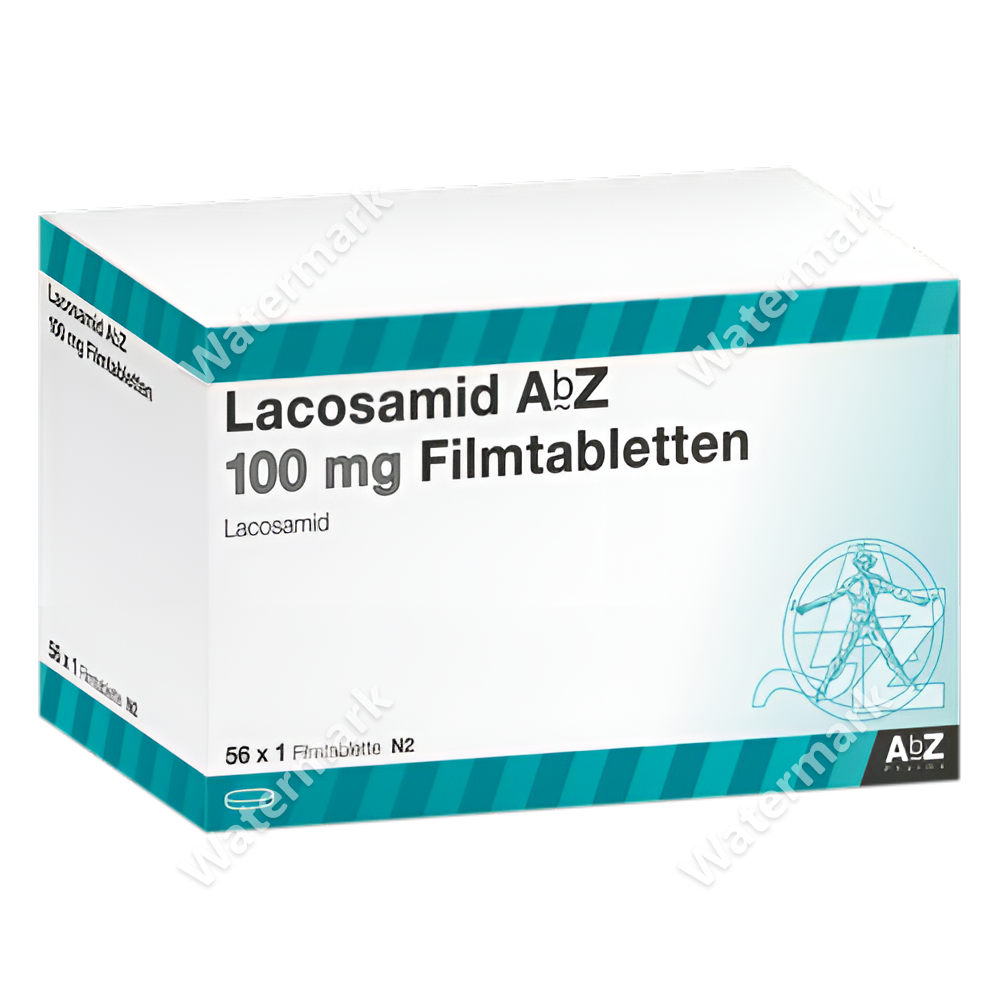 Упаковка немецкого дженерика Lacosamid AbZ 100 мг. Белая коробка с характерными бирюзовыми полосками по краям и логотипом AbZ Pharma. Содержит 56 таблеток.