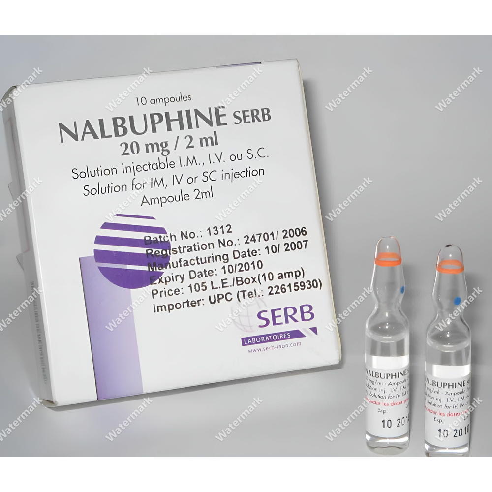 Упаковка Nalbuphine Serb 20 мг / 2 мл и две стеклянные ампулы. Раствор для внутримышечных, внутривенных и подкожных инъекций от лаборатории SERB