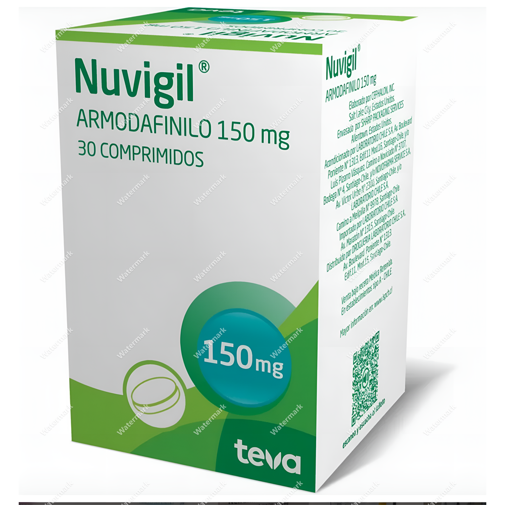 Упаковка препарата Нувиджил (Nuvigil) 50 мг. Бело-зеленая коробка с оранжевой полосой, содержащая 30 таблеток армодафинила производства Teva.