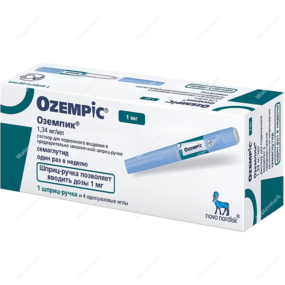 Упаковка препарата Оземпик (Ozempic) 1 мг с бирюзовой маркировкой. На пачке указано действующее вещество семаглутид 1,34 мг/мл, одна шприц-ручка и 4 одноразовые иглы в комплекте.