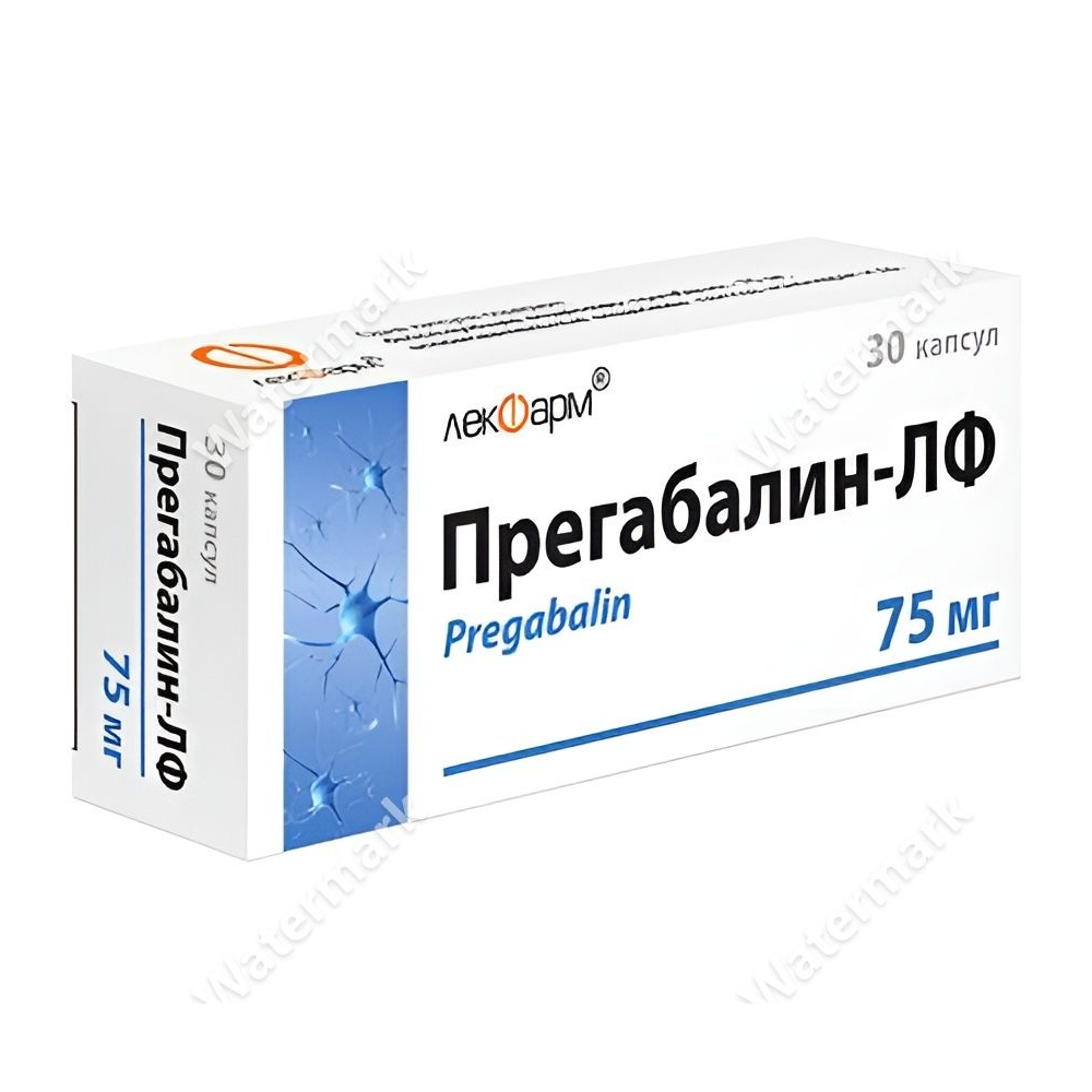 Упаковка препарата Прегабалин-ЛФ 75 мг от компании Лекфарм. Белая горизонтальная коробка с синим графическим элементом, изображающим нейронную сеть. Содержит 30 капсул.