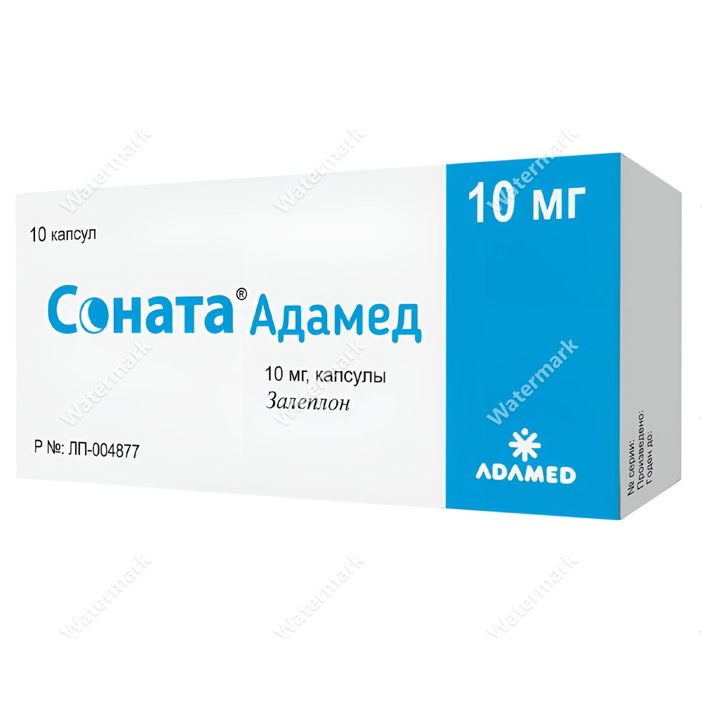 Упаковка препарата Соната Адамед (залеплон) 10 мг. Белая коробка с широкой ярко-голубой полосой с правой стороны и логотипом компании Adamed.