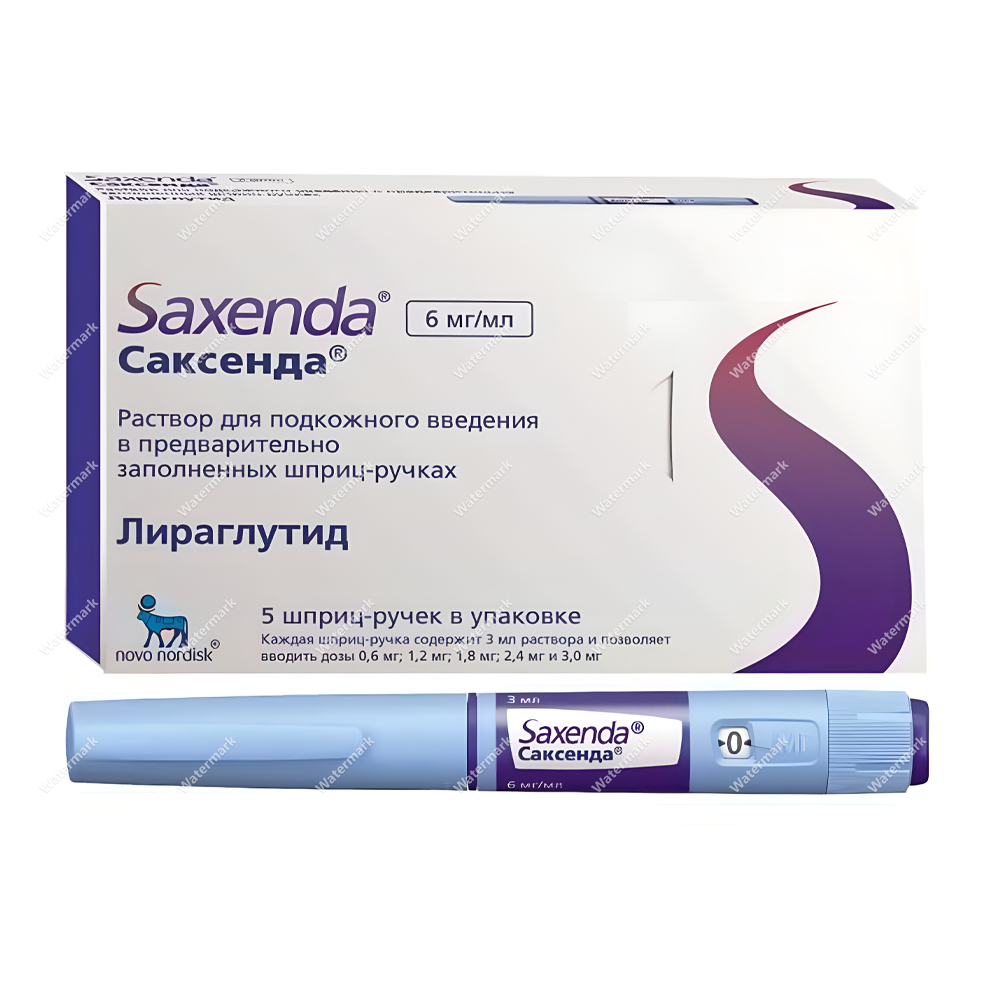 Картонная коробка Саксенда (Saxenda) в бело-фиолетовых тонах. Указана дозировка 6 мг/мл, действующее вещество лираглутид и логотип производителя Novo Nordisk.