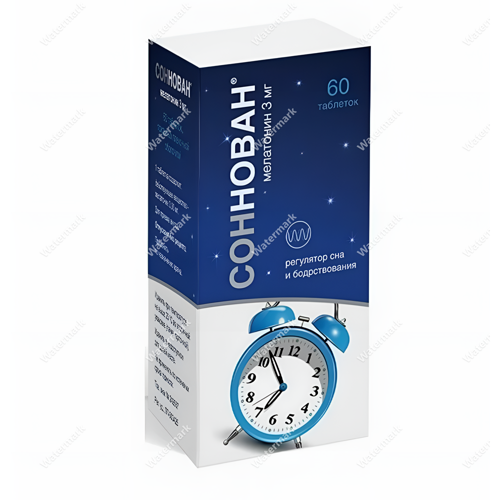Вертикальная пачка препарата Соннован (мелатонин 3 мг) на 60 таблеток. Дизайн в бело-синих тонах с изображением синего будильника и звездного неба.