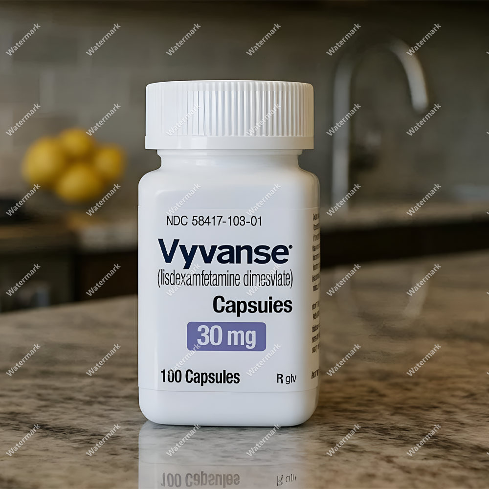 Пластиковый флакон Vyvanse (липдексамфетамин) 30 мг на 100 капсул. Стандартная аптечная упаковка США с белой крышкой и четкой маркировкой дозировки на фиолетовом фоне.